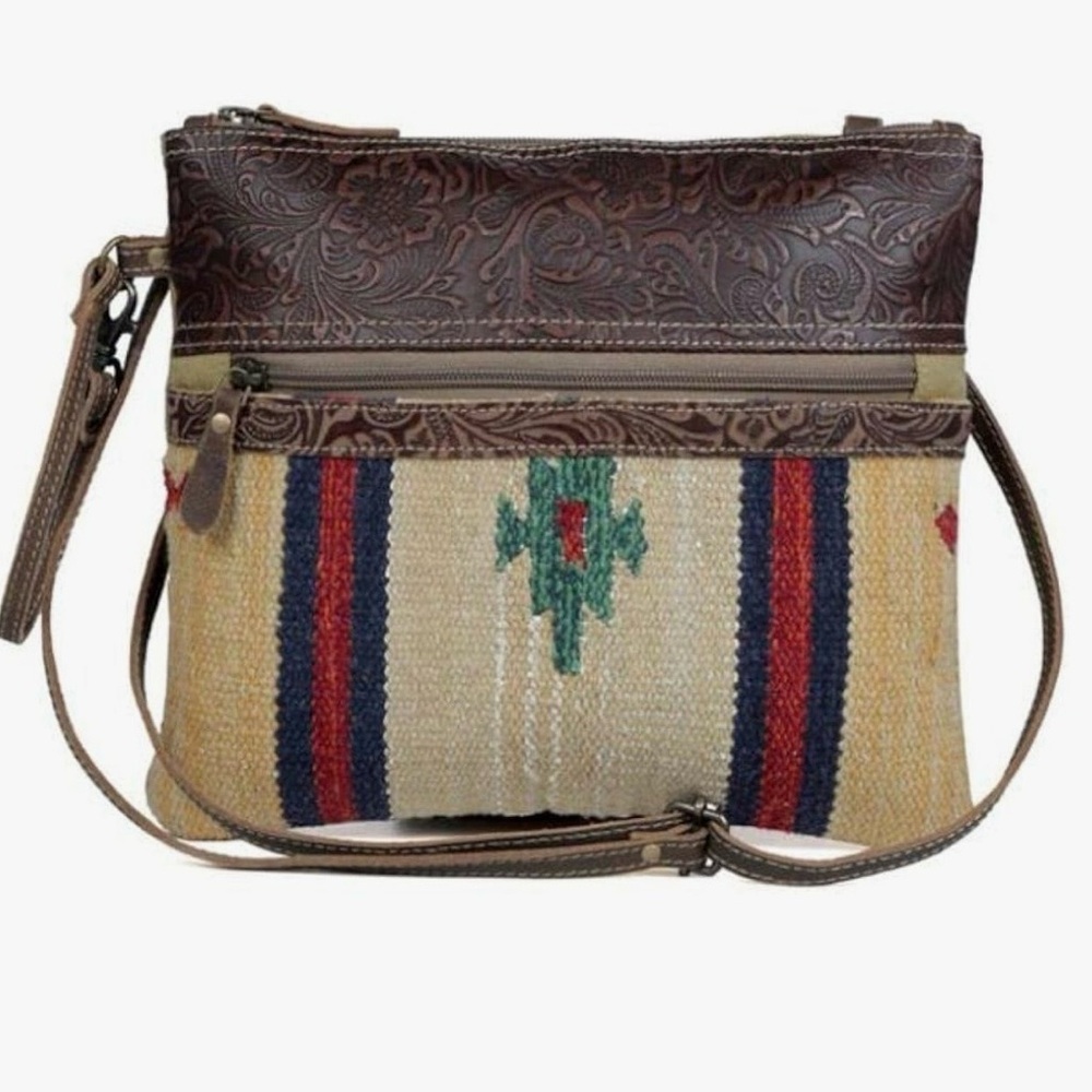 Myra Bag Brown Embossed Leather & Multi-Color Woven Crossbody